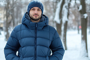 Man in blue puffer jacket in winter time, a Person Photo by AlyaAnd