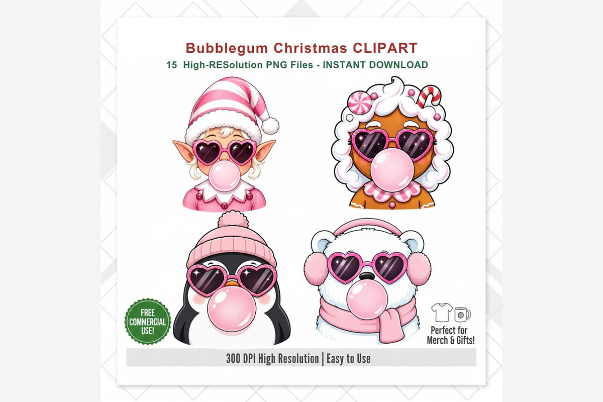 Bubblegum Christmas Clipart Bundle, a Seasonal Illustration by Tanya Kart (Photo 9 of 9)