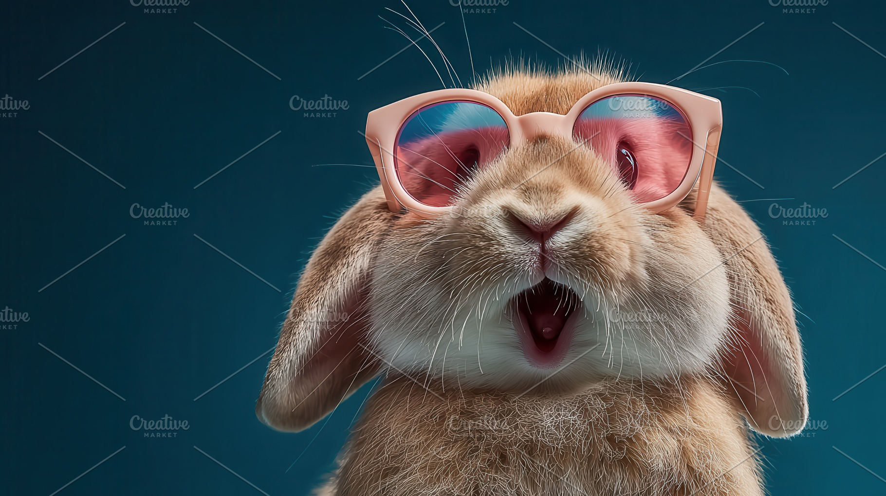 Cute bunny rabbit wearing pink sungl, a Photo by Pixeness Studio