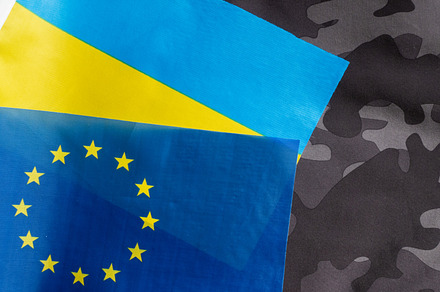 European union and Ukraine two flags together
