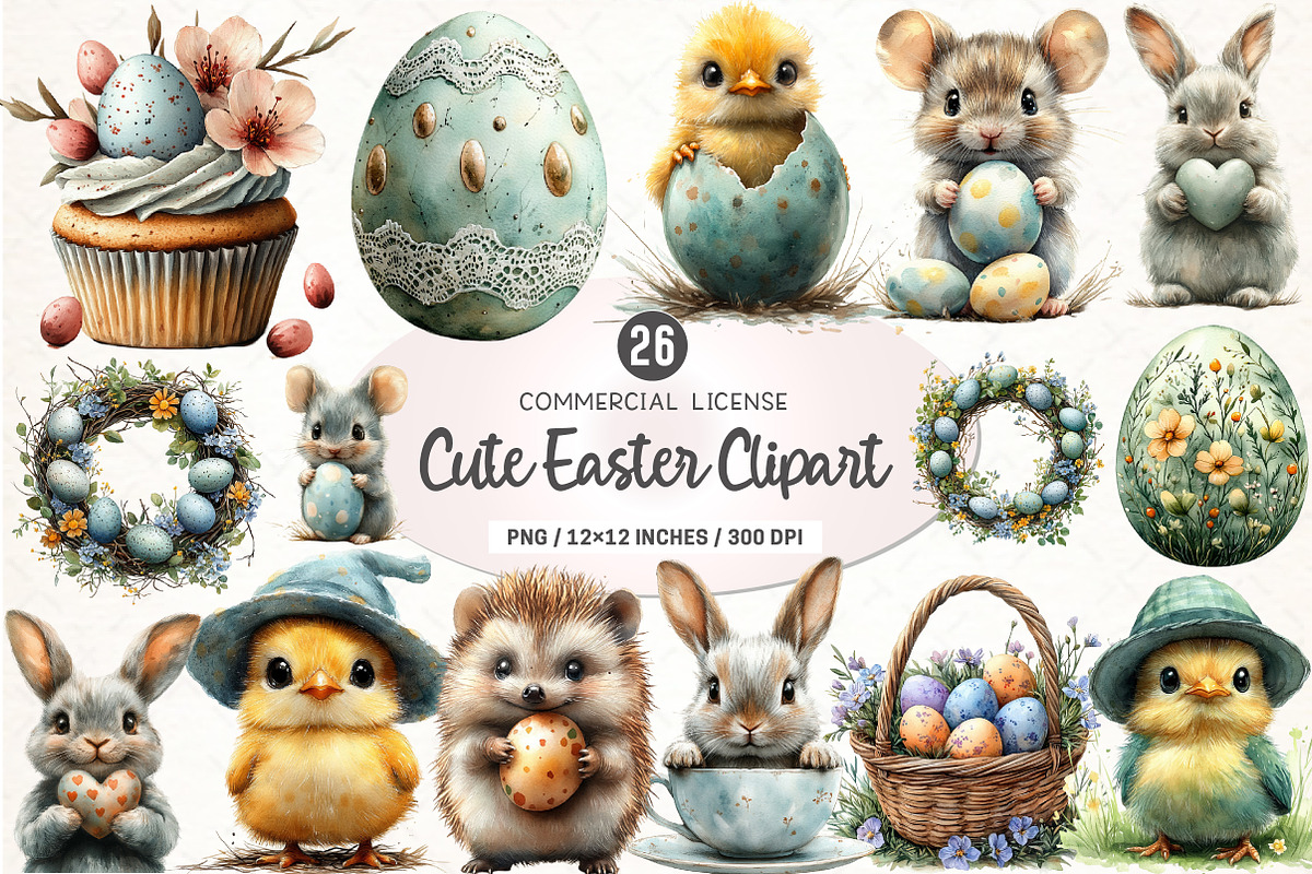 Watercolor Cute Easter Clipart PNG, an Illustration by SinaCreation (Photo 1 of 5)