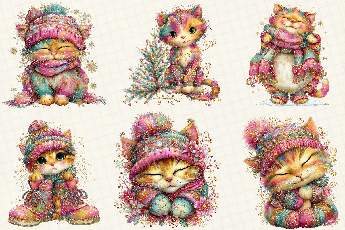 Whimsical Winter Cat Clipart, an Illustration by DreamCafeArt (Photo 2 of 8)