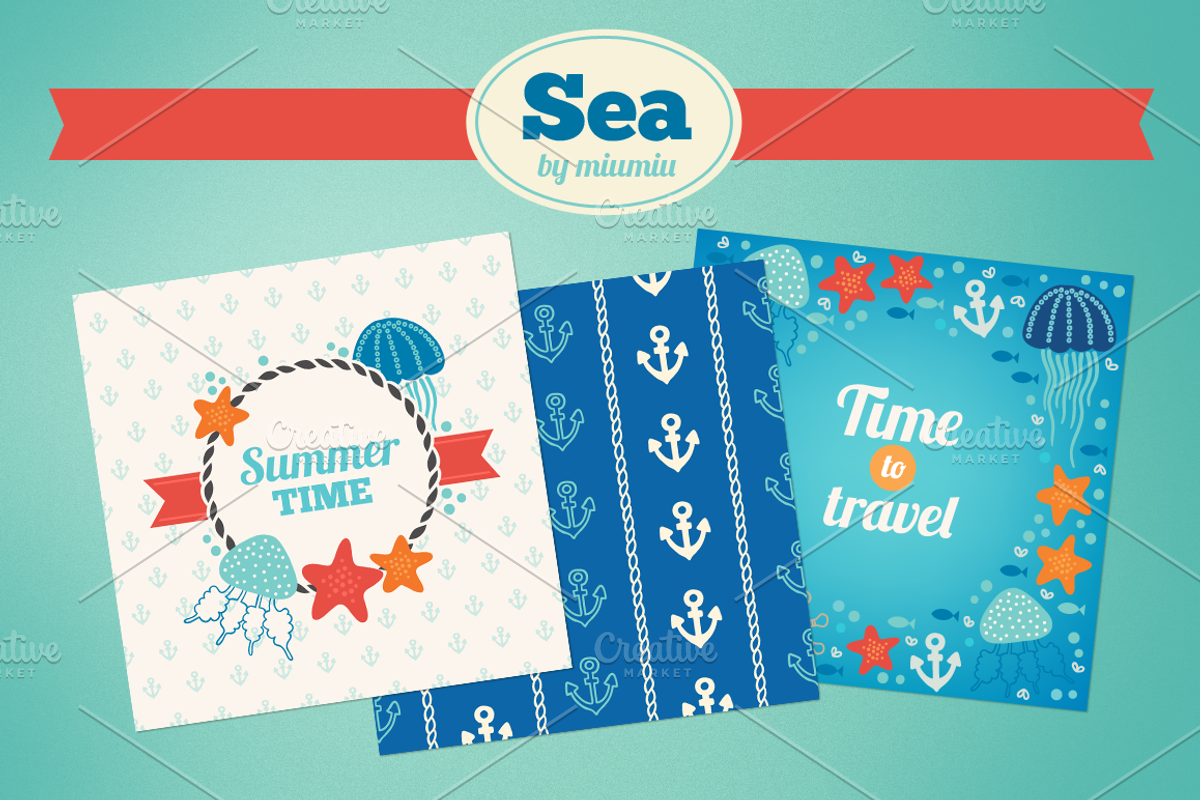 Sea greeting cards and patterns