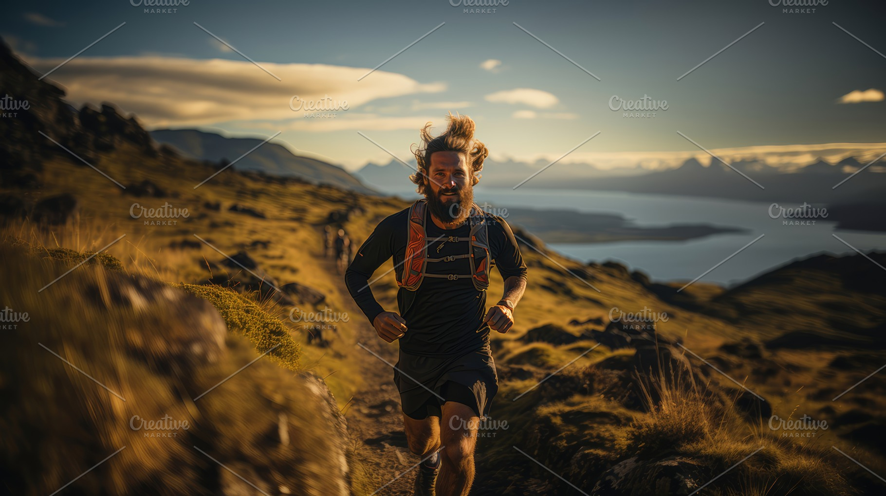 Energetic Man Running on Mountain Trail at Sunset, Fitness and Adventure Concep, a Photo by AS photostudio