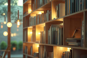 Brightly lit bookshelf full of books, a Photo by Pavel_design