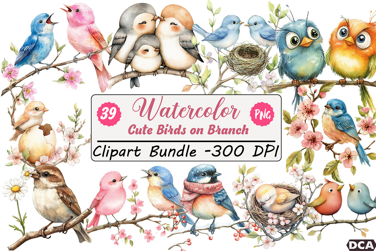 Cute Birds on Branch Clipart, an Illustration by DreamCafeArt (Photo 1 of 9)