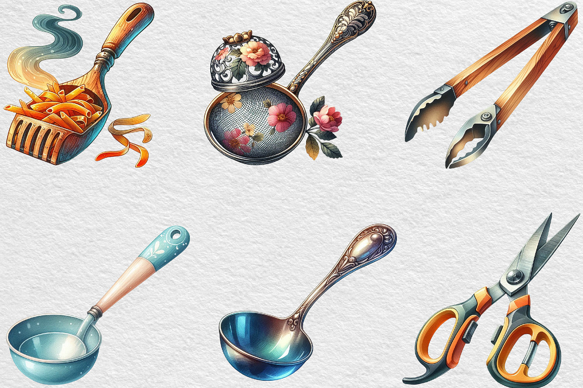 Watercolor Kitchen Utensils Clipart, an Illustration by Black Bird Studio, image size:1200x800