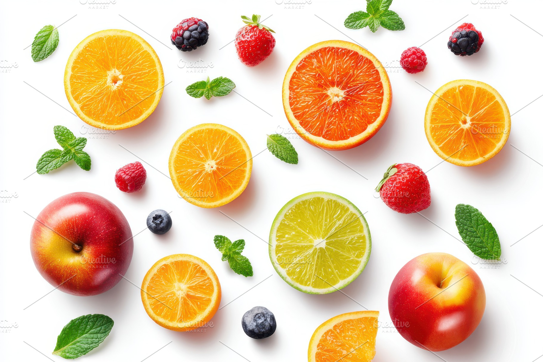 Fresh fruit flat lay with oranges and apples, a Food & Drink Photo by AlyaAnd