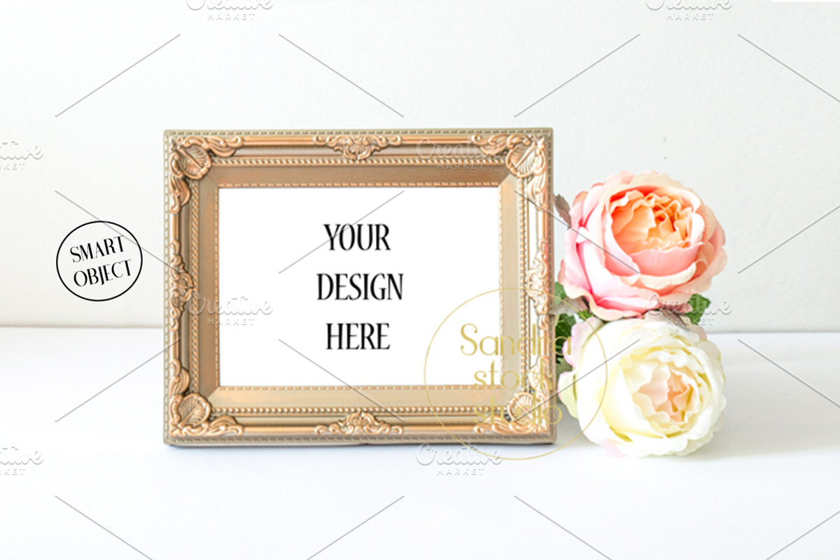 Horizontal gold frame mockup, a Print Template by Papaya Craft