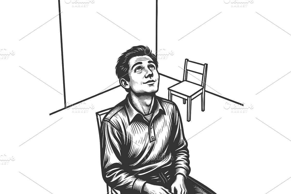Man Sitting Alone Looking Up in, a Person Illustration by AlexArt