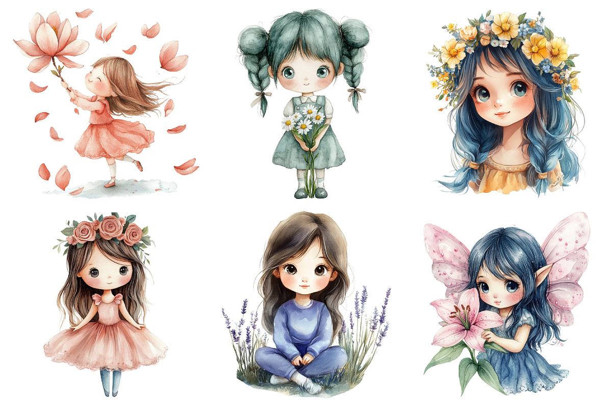 Cute Chibi Floral Girls Clipart, an Illustration by Daily.Designs (Photo 4 of 5)