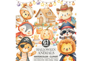 Halloween Animals Clipart Watercolor, an Animal Illustration by CharmClipart