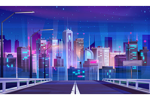 Night Road To City Neon Skyline