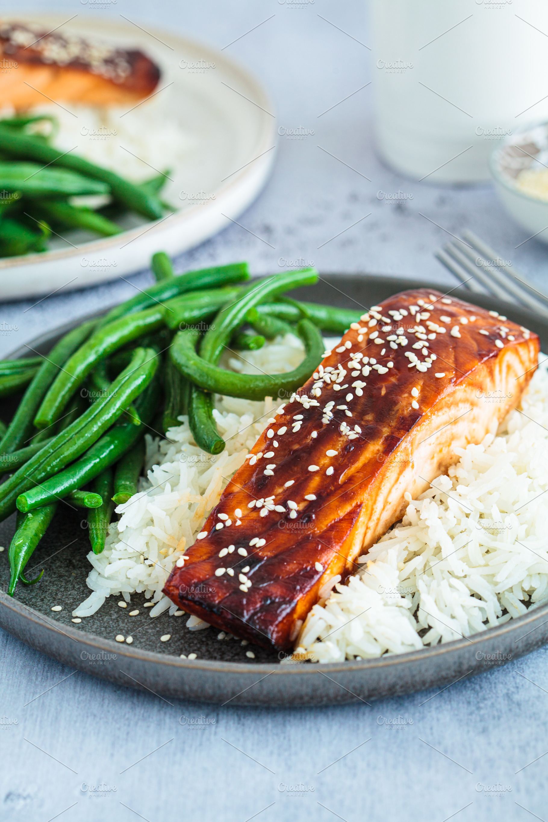 Teriyaki salmon with beans and rice, a Food & Drink Photo by vaaseenaa