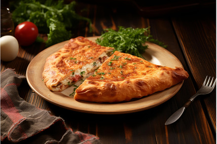 Rustic homemade calzone on wooden, a Food & Drink Photo by Ylivdesign