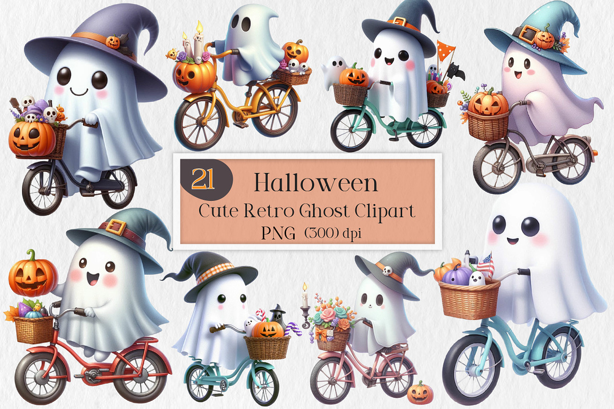 Halloween Cute Retro Ghost Clipart, an Illustration by Creative Art (Photo 1 of 4)
