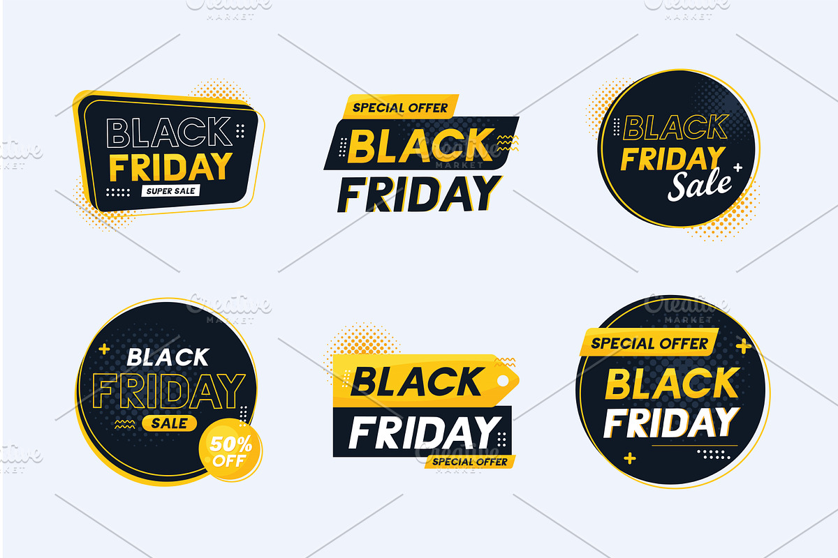 six black friday labels, a Finance Illustration by studiogstock