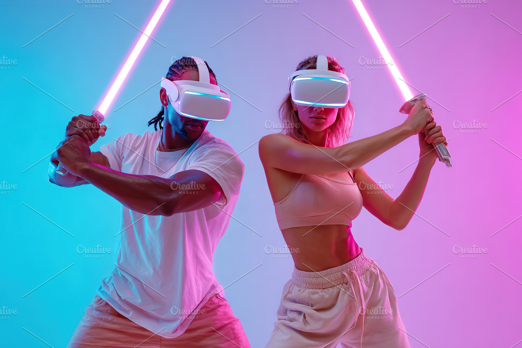 Virtual reality sword-fighting duel between two players with vivid lighting eff, a Photo by AlyaAnd