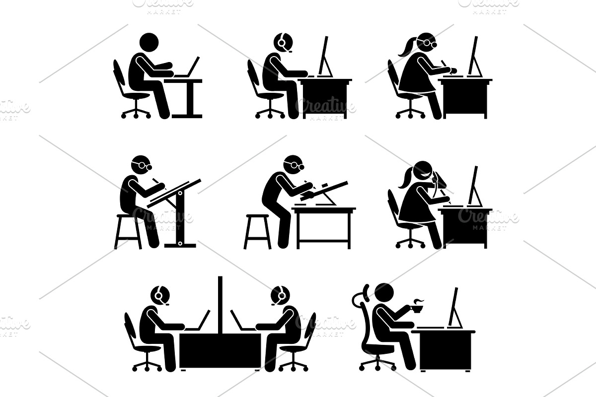 Employee Working Computer and Laptop, an Icon by Leremy Stick Figures