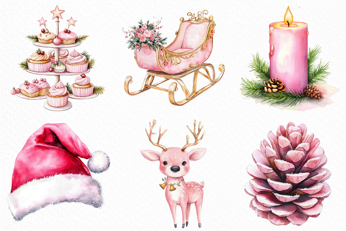 Watercolor Pink Christmas Clipart, an Illustration by Craft Nest (Photo 3 of 6)