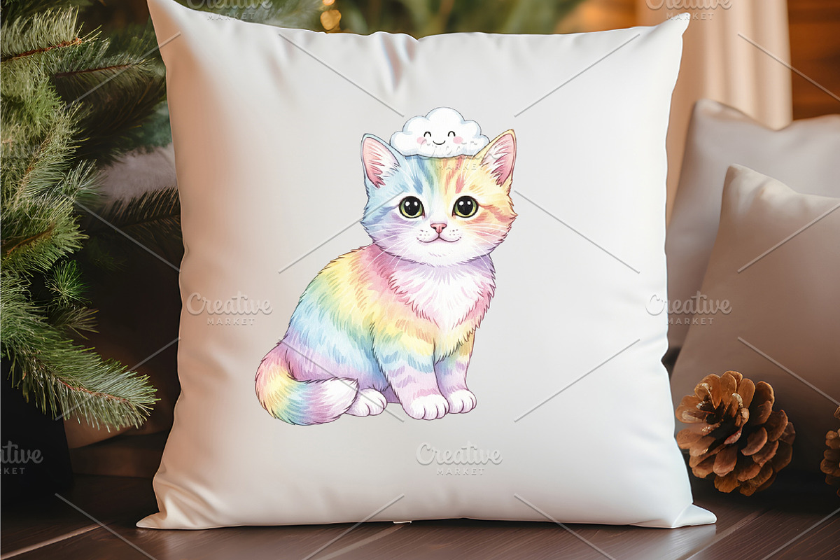 Adorable Rainbow Cute Cat Clipart, an Illustration by Watercolor design (Photo 3 of 6)