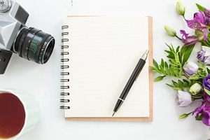 Flat lay desk with tea and flowers stock photo containing flatlays and desk