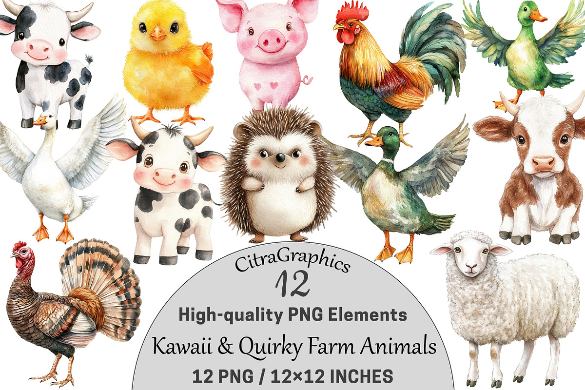 Kawaii & Quirky Farm Animals Clipart, a Seasonal Illustration by CitraGraphics (Photo 1 of 3)