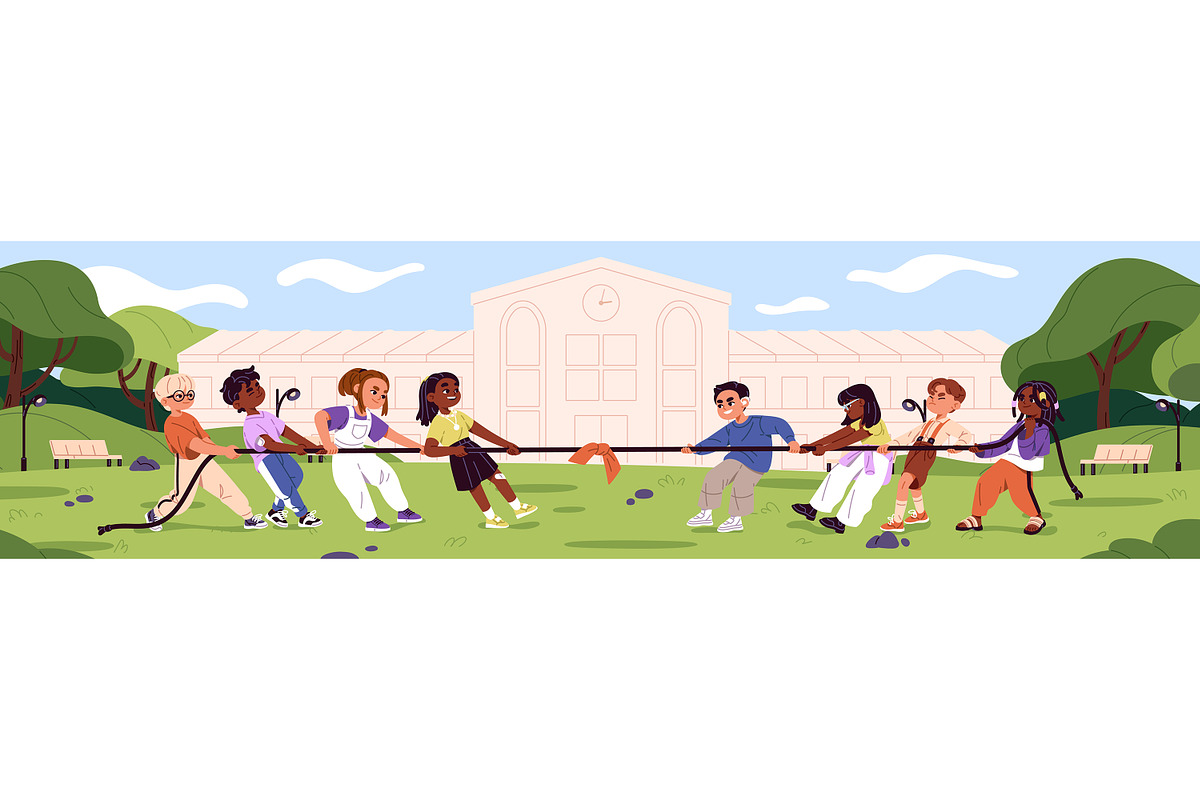 Kids play tug of war, pull rope, an Education Illustration by PaperTrident
