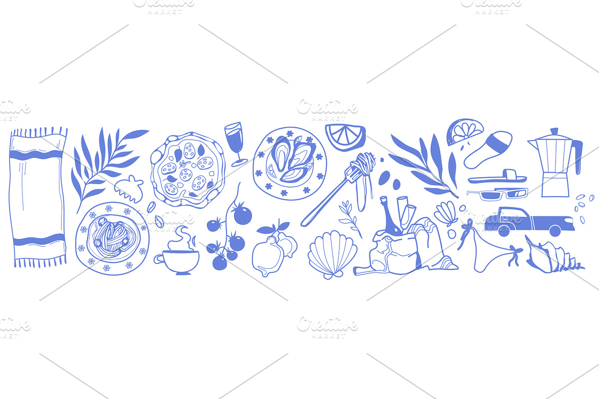 Italian summer beach doodle set, an Illustration by art PVP - market