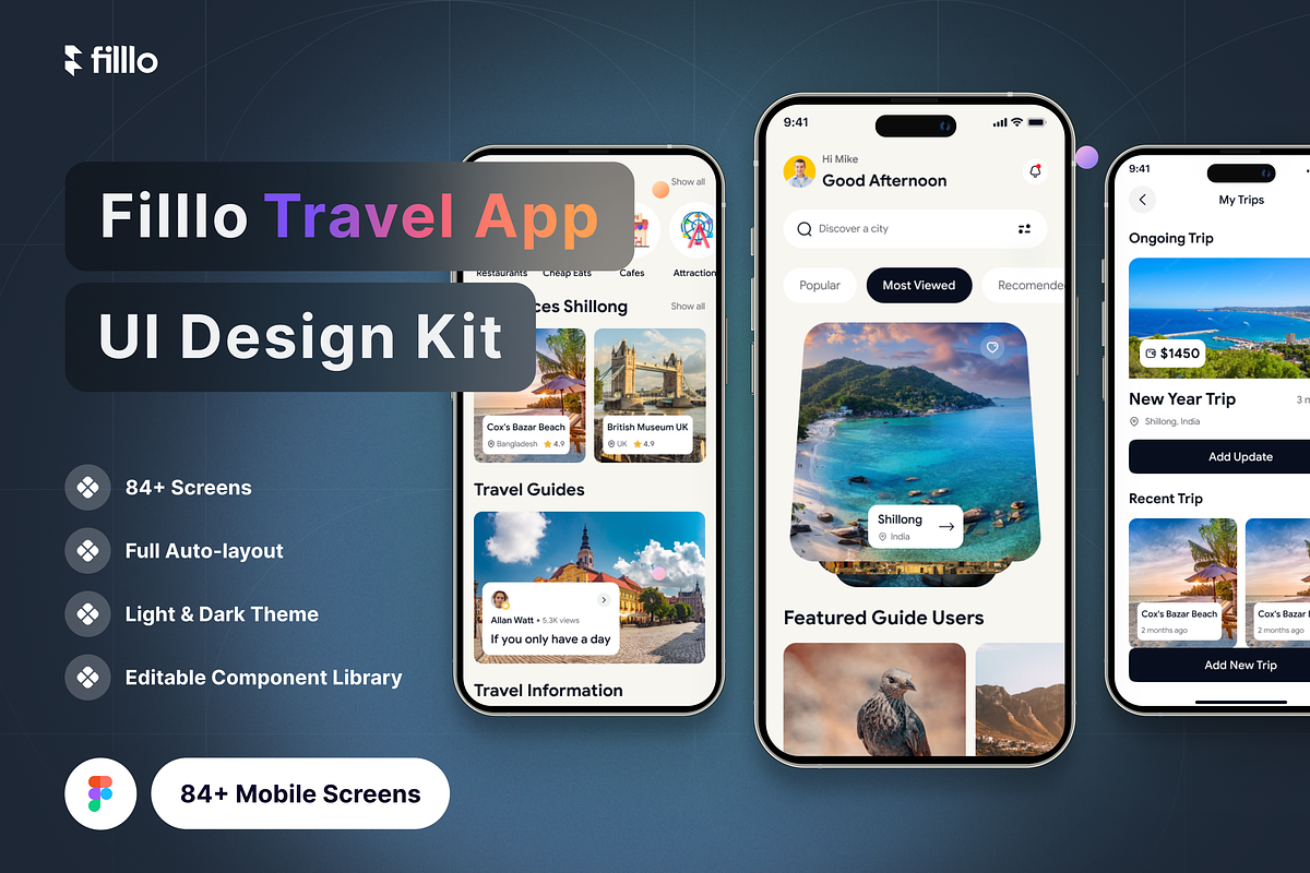 Filllo Travel App UI Design Kit, an UI Kit Template by floxui (Photo 1 of 8)