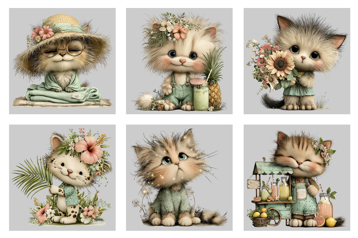 Whimsical Summer Cat Clipart PNG, an Illustration by Black Bird Studio (Photo 3 of 5)