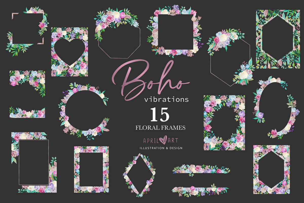 Spring Boho Watercolor Floral Frames, an Illustration by Oh Darling Graphics (Photo 3 of 4)