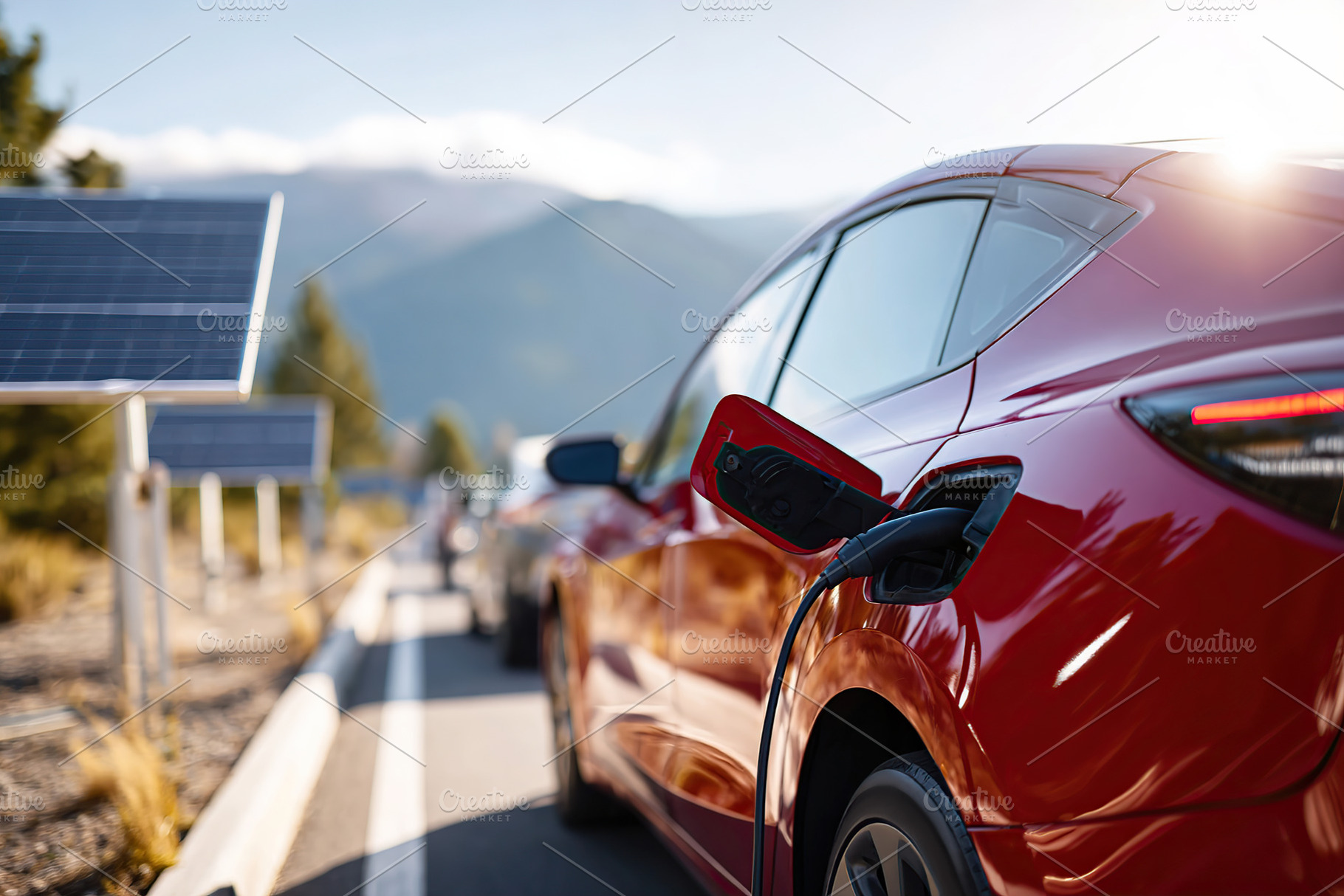 Solar-powered charging station in use by electric car in scenic outdoor locatio, a Photo by AlyaAnd