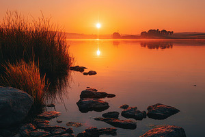 Sunset over calm lake rocks reflecti, a Photo by Pixeness Studio