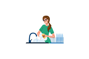 Housewife washing dishes in kitchen, an Illustration by pikepicture
