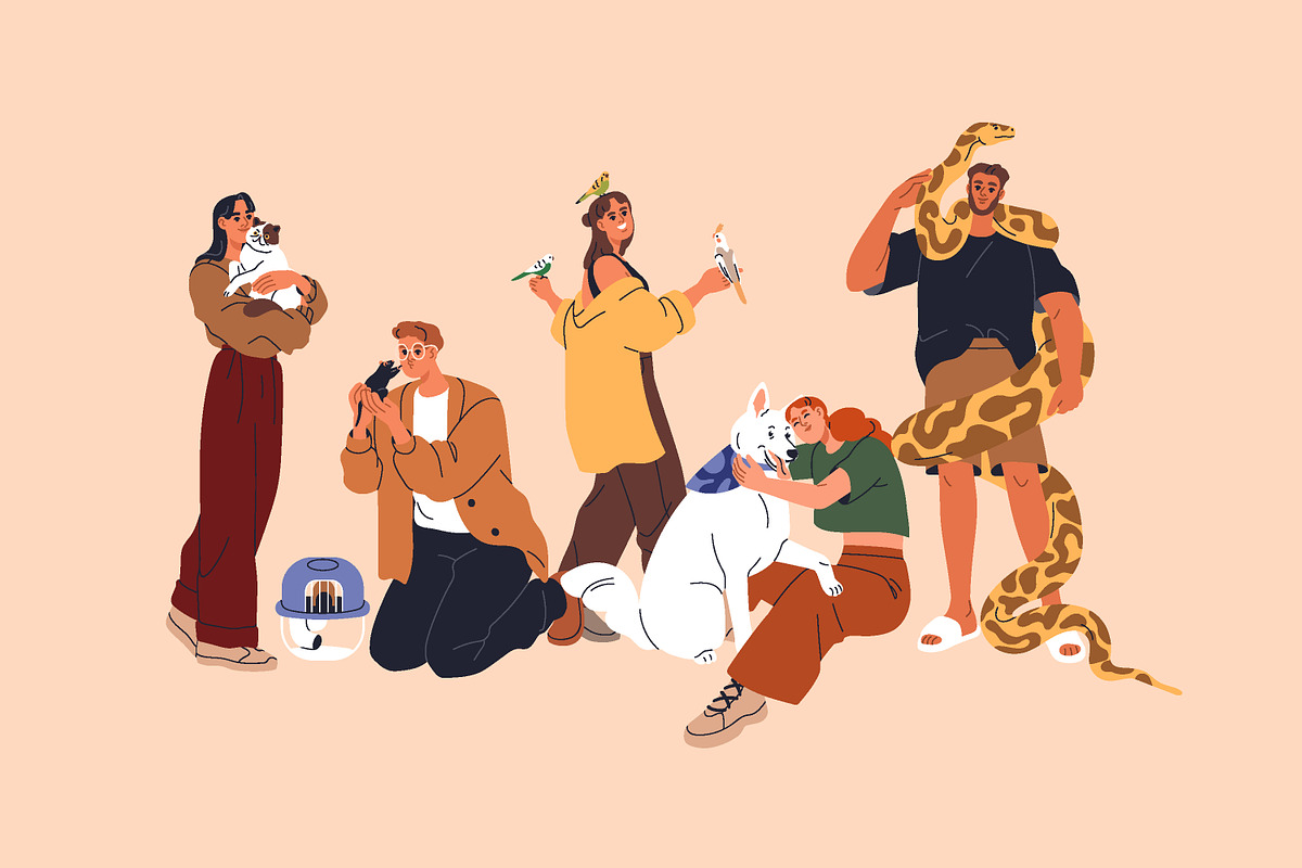 Happy people with cute pets animals - CzM6Ly9maWxlcy5jcmVhdGl2ZW1hcmtldC5jb20vaW1hZ2VzL3NjcmVlbnNob3RzL3Byb2R1Y3RzLzUzODQvNTM4NDAvNTM4NDAzOTIvcGVvcGxlLXdpdGgtcGV0cy1jb25jZXB0LTA3LW8uanBnIzE3NTE4ODk1MTk