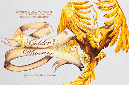 Watercolor Golden Phoenix Clipart