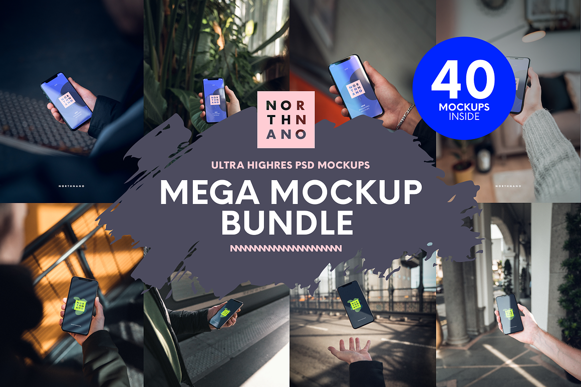 MEGA PSD MOCKUP BUNDLE 40 IN 1, an iPhone Mockup by North&Nano (Photo 1 of 11)