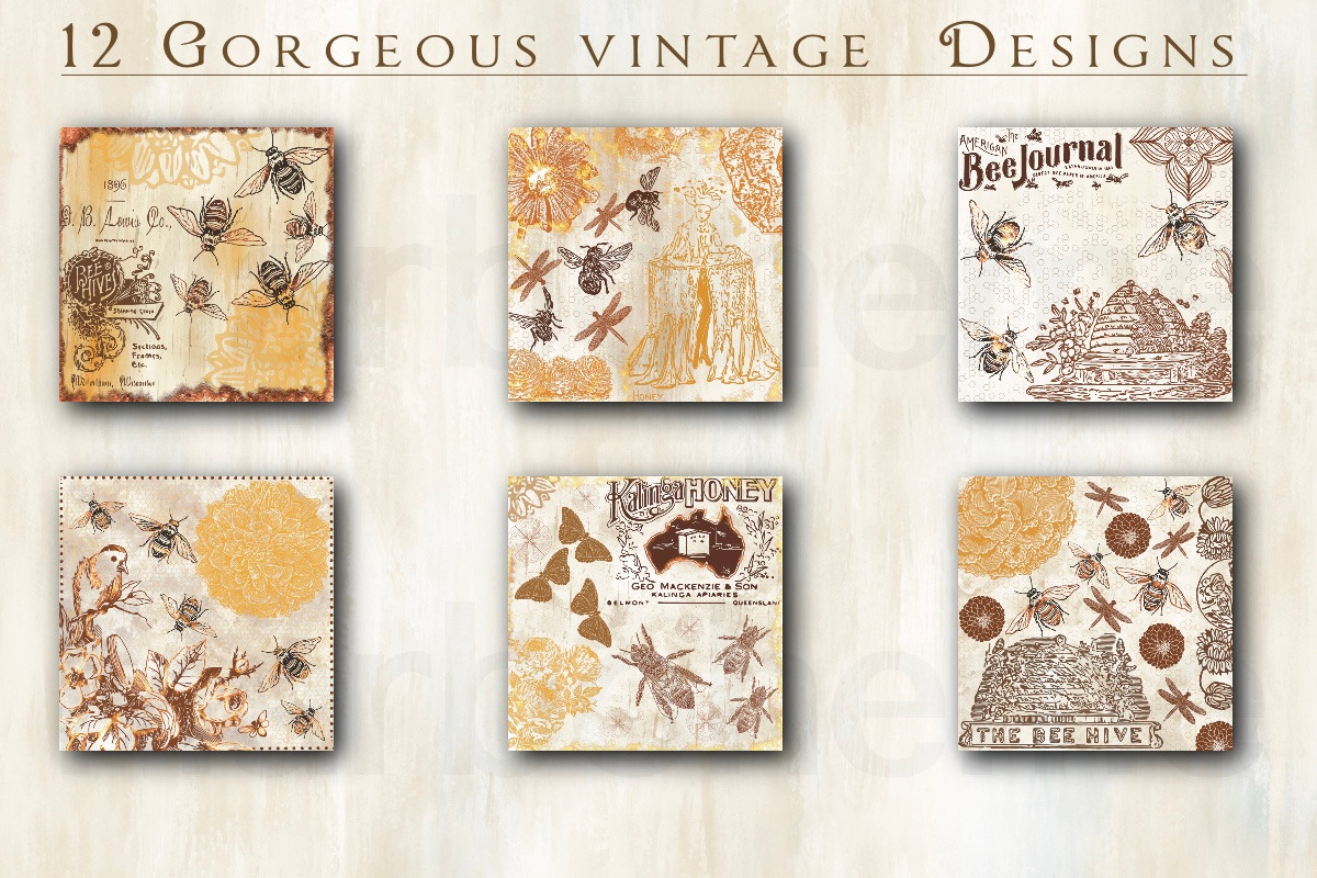 Vintage Honey Bee Digital Papers, a Texture Illustration by Luna Y Mar (Photo 3 of 9)