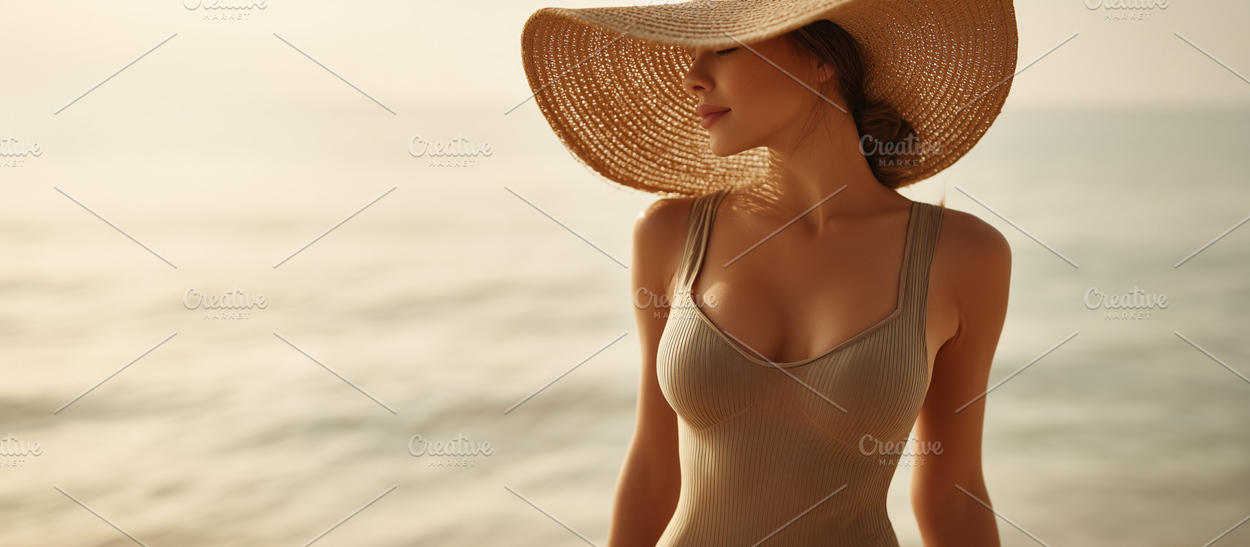 Woman in a ribbed beige swimsuit, a Person Photo by MistyDay