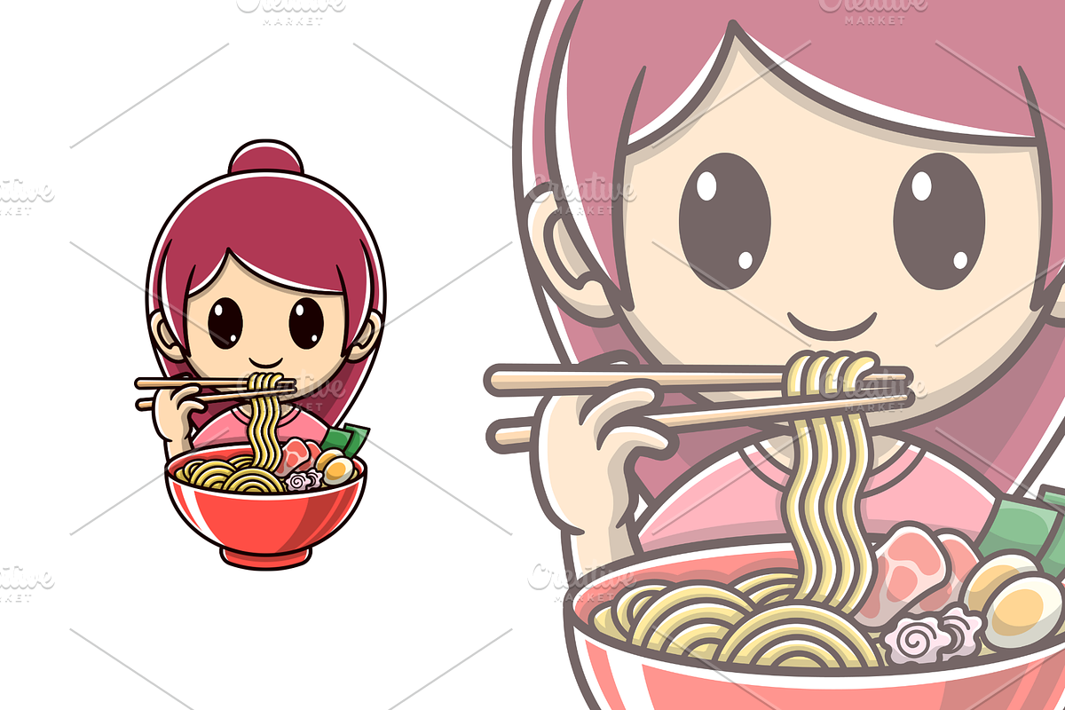 cute girl eating ramen cartoon, an Illustration by garistipis