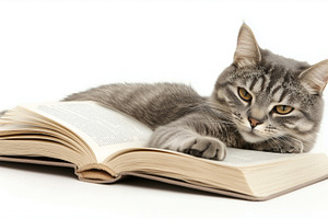 Grey tabby cat lying on an open book, an Animal Photo by MistyDay
