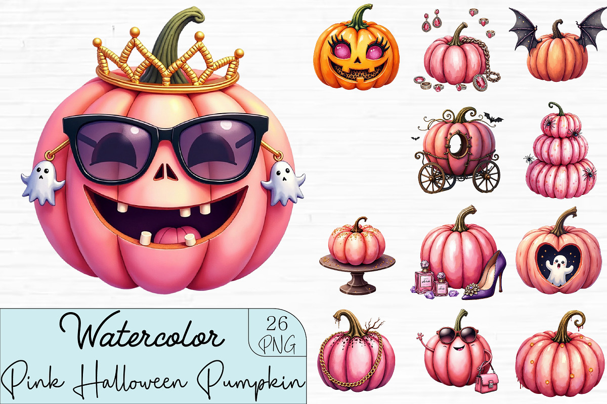 Pink Glam Halloween Pumpkin Clipart, an Illustration by CrexoraLab (Photo 1 of 4)