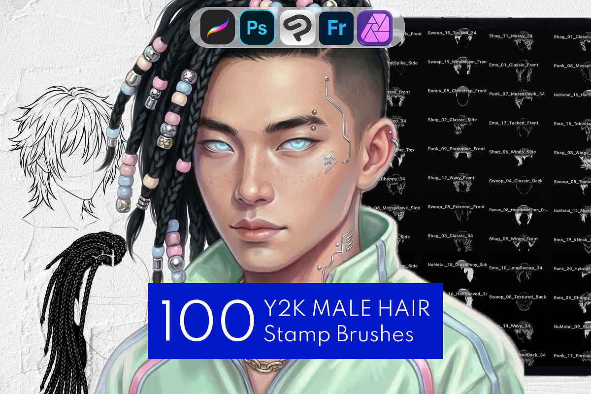 100 Y2K Male Hair Procreate Stamps, a Brush Add-On by Selentaori Studio (Photo 1 of 11)