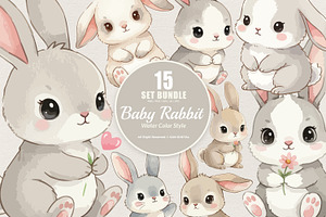 15 Bundle Watercolor Baby Rabbit, an Animal Illustration by Morspective