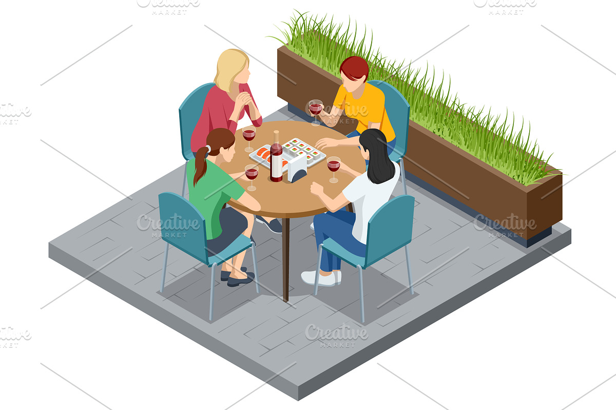 Friend at cafe table. Four woman at, a Food Illustration by Golden Sikorka