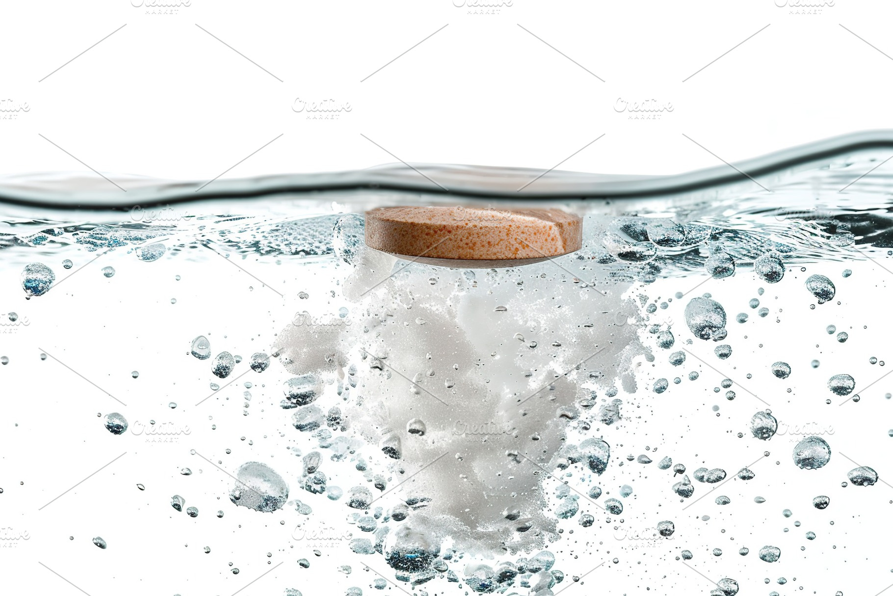 White round effervescent soluble pill falling in the water, a Health & Medical Photo by AlyaAnd
