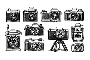 Retro photo cameras engraving vector, an Object Illustration by Valerie Bodnar