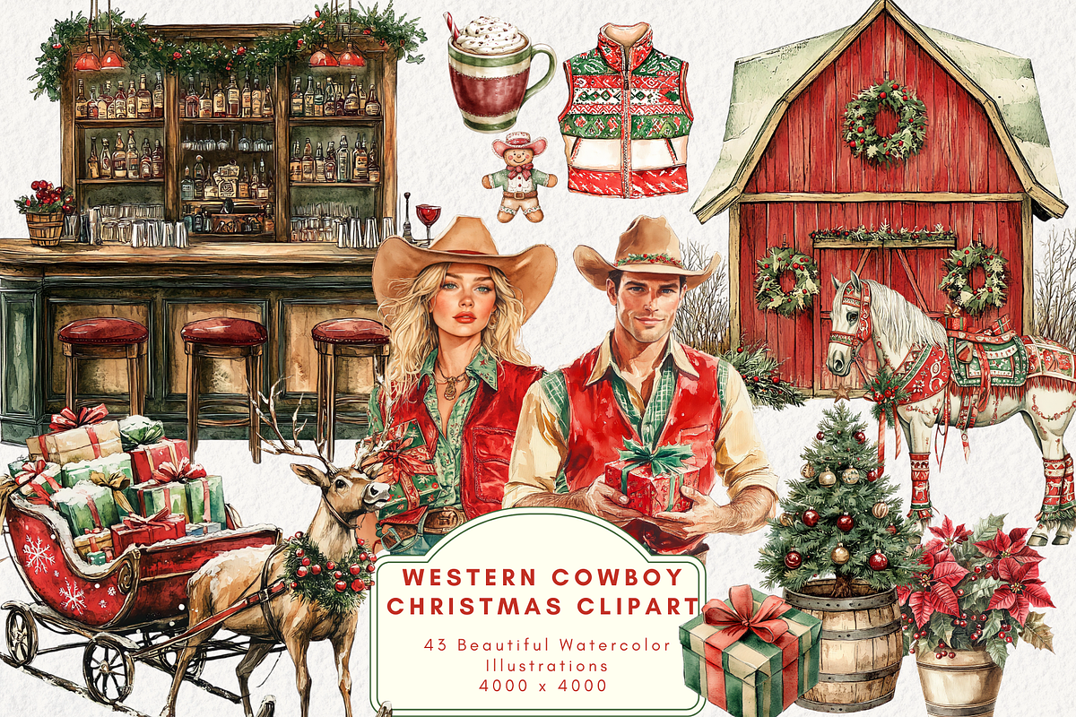 Western Cowboy Christmas Clipart, an Illustration by NadiaTheronArt (Photo 1 of 5)