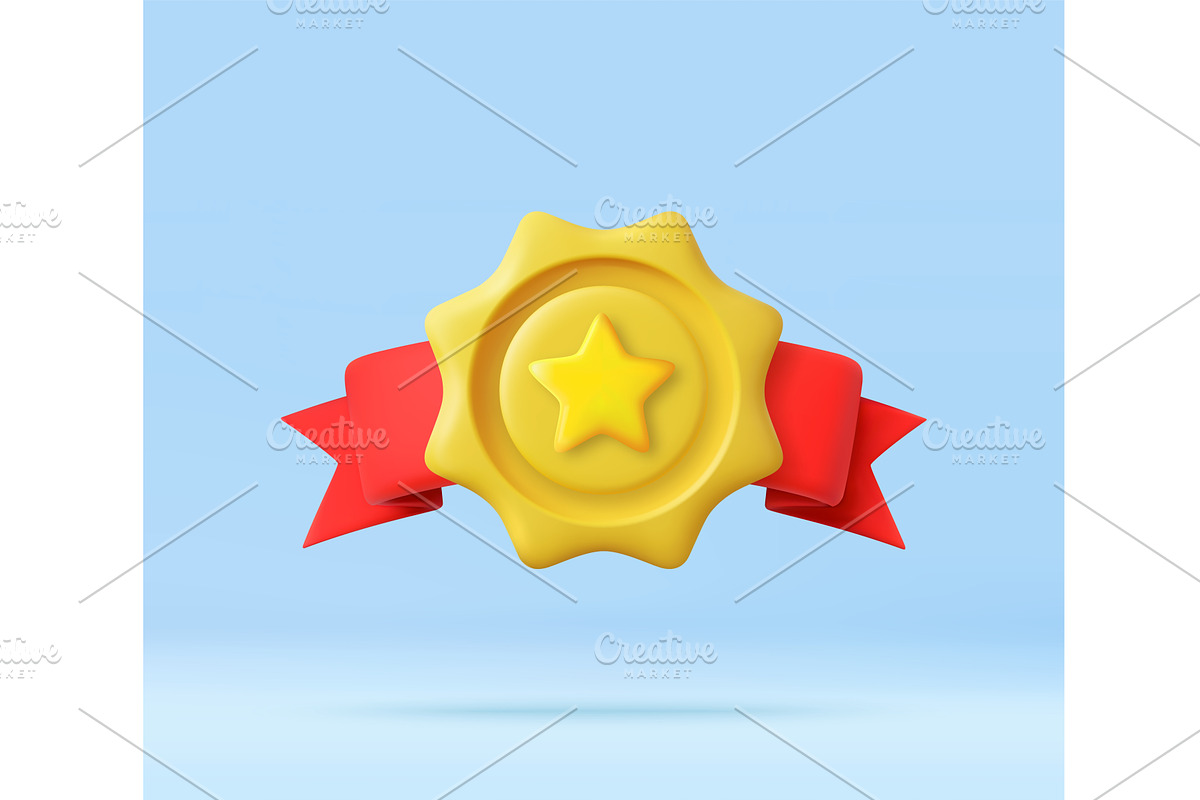 3D star award badge with red ribbons, an Object Illustration by ModVector